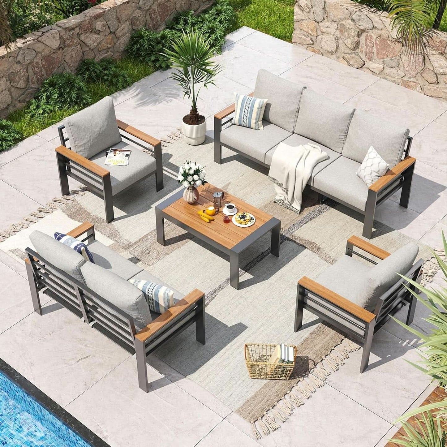 5 Piece Outdoor Patio Furniture Set – Modern Aluminum Conversation Set with Cushioned Sofa & Coffee Table