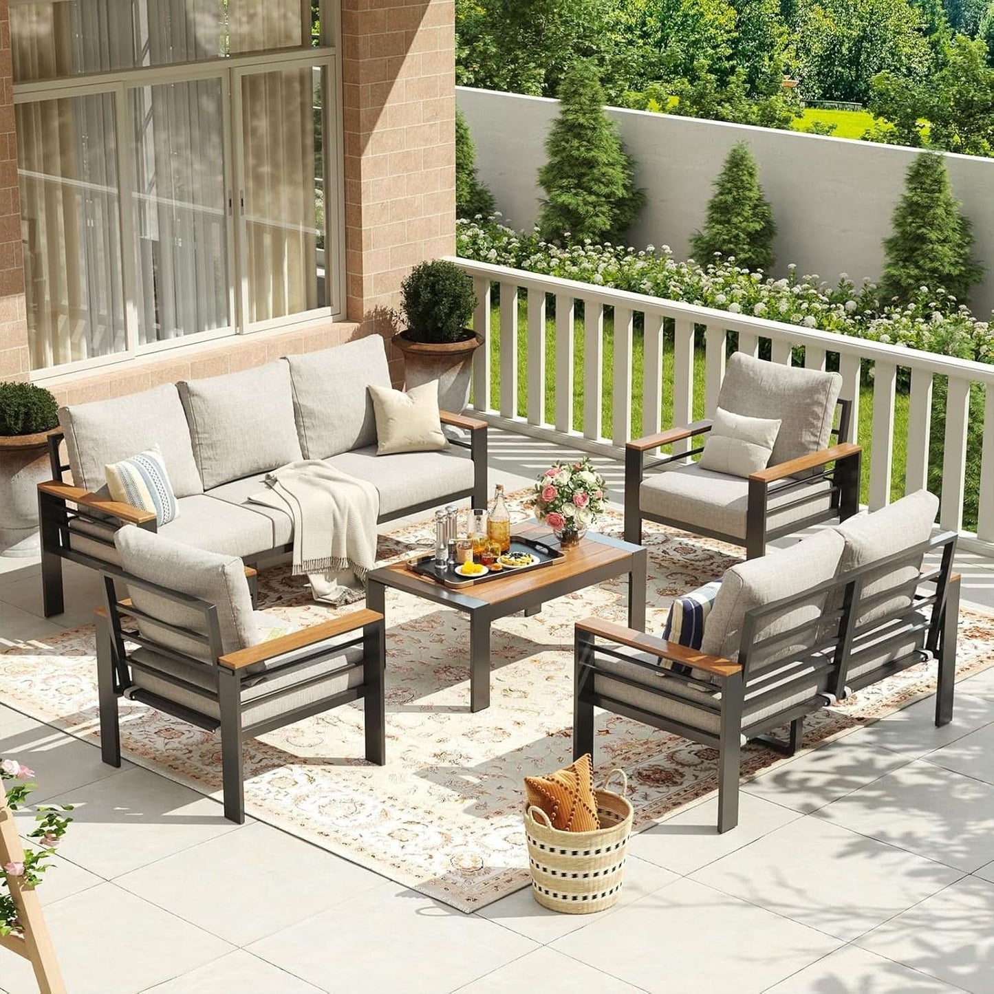 5 Piece Outdoor Patio Furniture Set – Modern Aluminum Conversation Set with Cushioned Sofa & Coffee Table