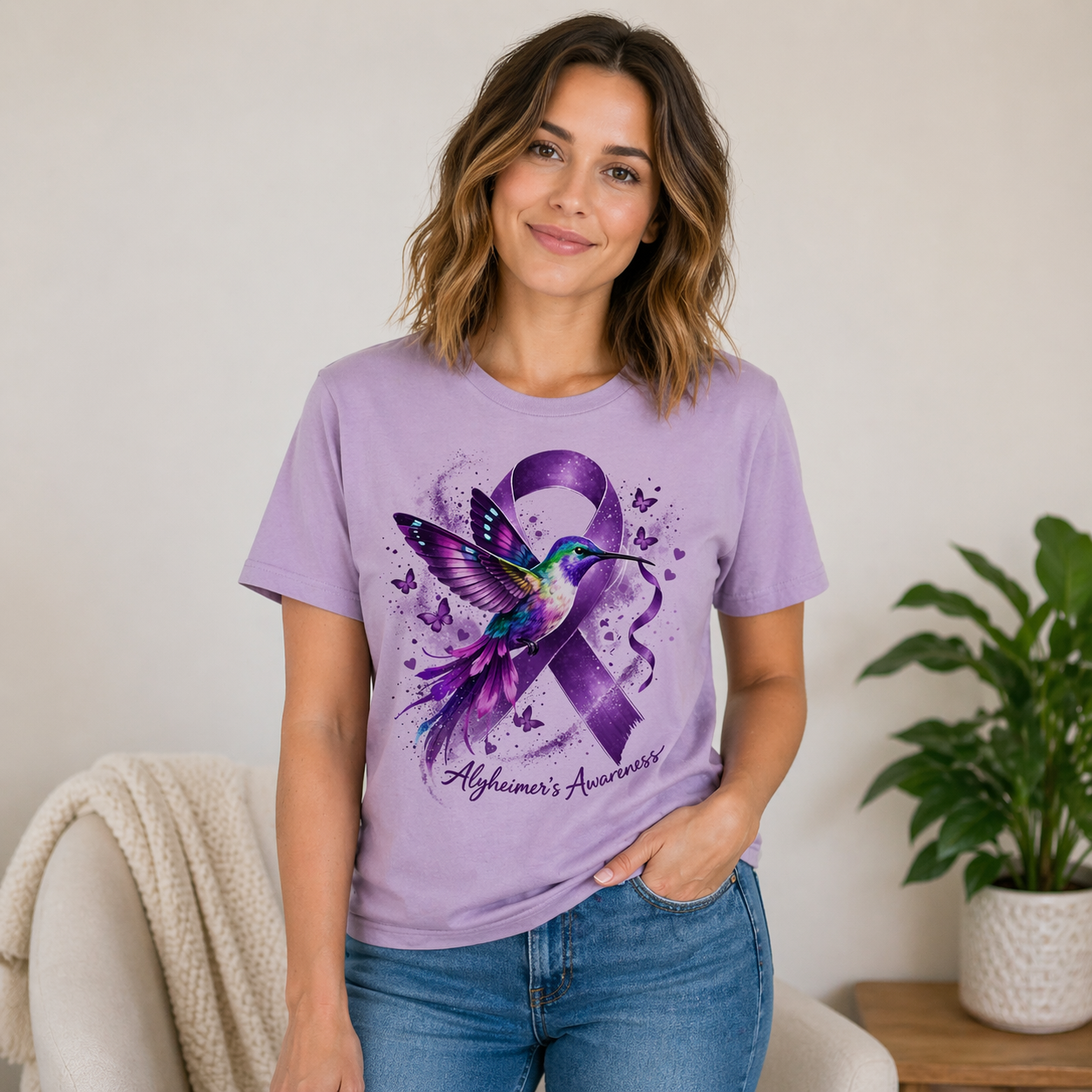 Alzheimer’s Awareness Shirt – Purple Ribbon Hummingbird Soft Cotton Blend T-Shirt