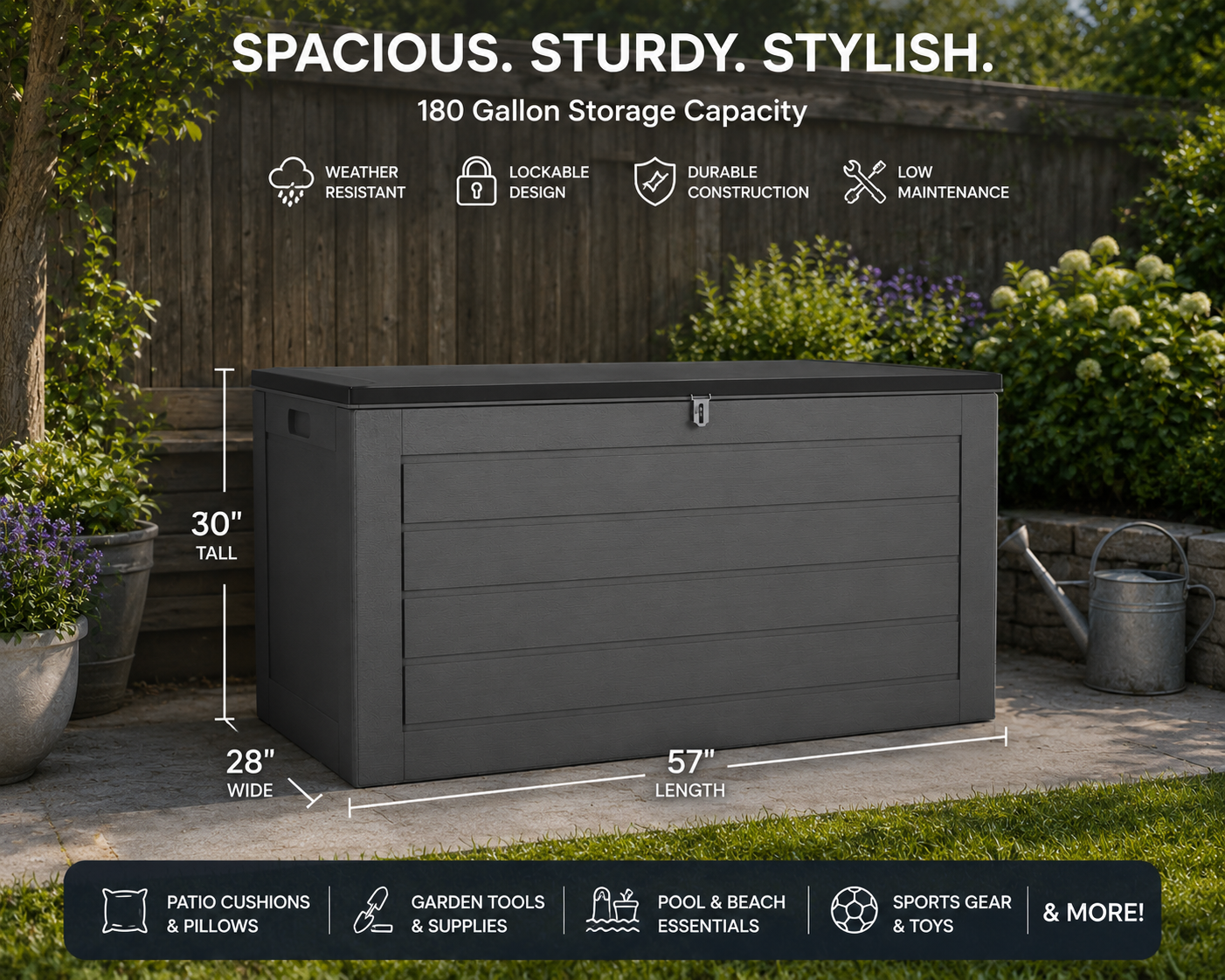Outdoor Storage Box 180 Gallon – Large Waterproof Deck Box for Patio Furniture Cushions, Pool Supplies & Garden Tools