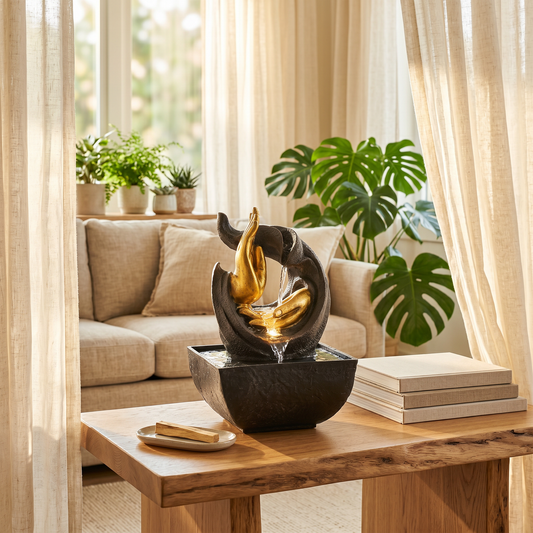 Tabletop Water Fountain – Indoor Zen Meditation Fountain with Golden Buddha Hands, Flowing Water & LED Light | Desktop Relaxation Décor, 8" Tall