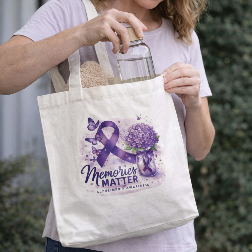 Alzheimer’s Awareness Cotton Tote Bag – “Memories Matter” Reusable Canvas Bag with Purple Ribbon Design | Eco-Friendly Gift for Caregivers & Supporters