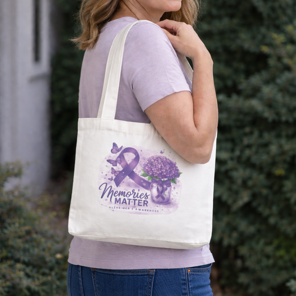 Alzheimer’s Awareness Cotton Tote Bag – “Memories Matter” Reusable Canvas Bag with Purple Ribbon Design | Eco-Friendly Gift for Caregivers & Supporters