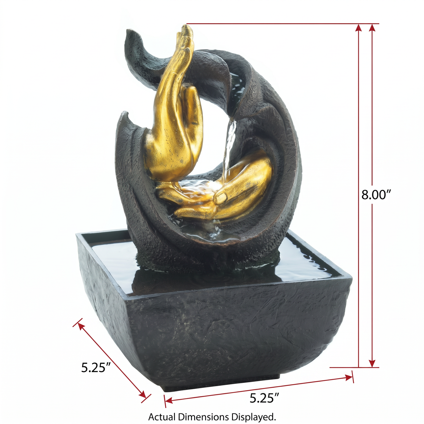 Tabletop Water Fountain – Indoor Zen Meditation Fountain with Golden Buddha Hands, Flowing Water & LED Light | Desktop Relaxation Décor, 8" Tall
