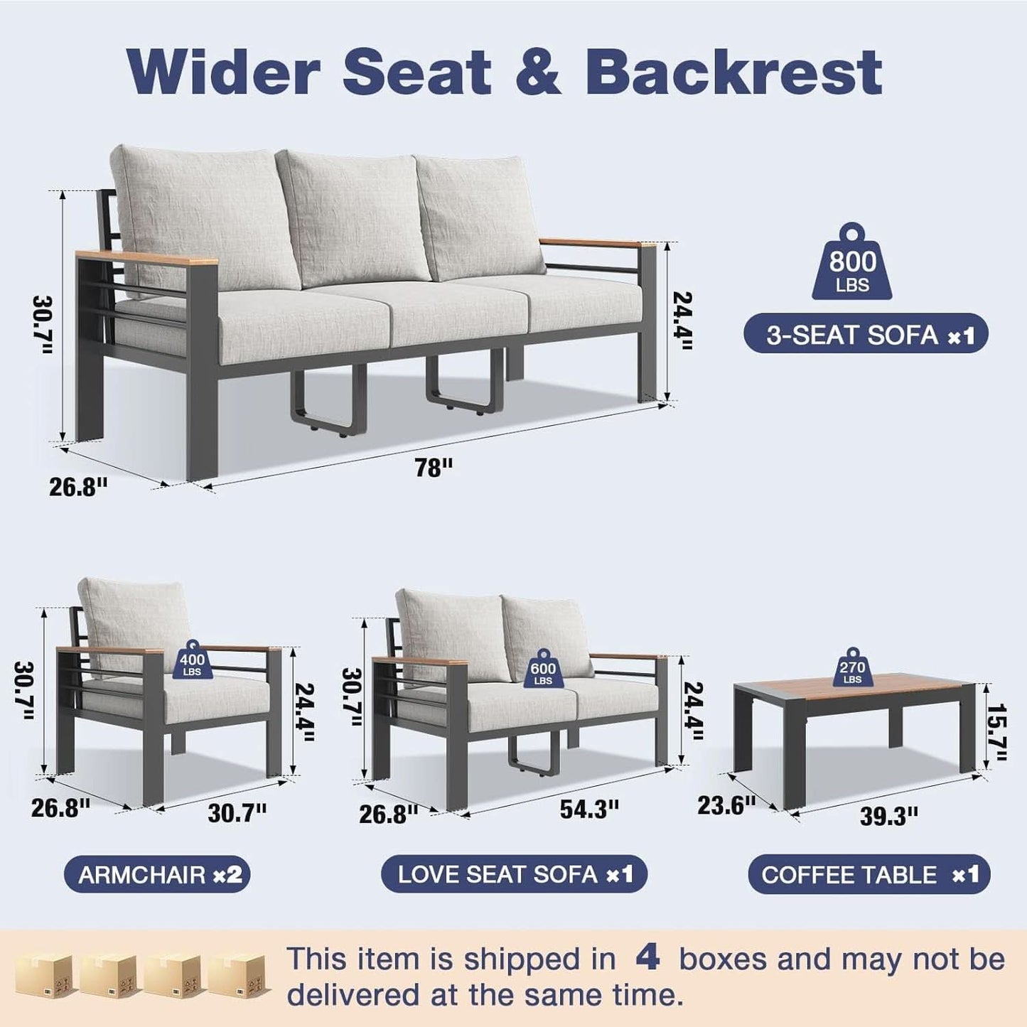 5 Piece Outdoor Patio Furniture Set – Modern Aluminum Conversation Set with Cushioned Sofa & Coffee Table