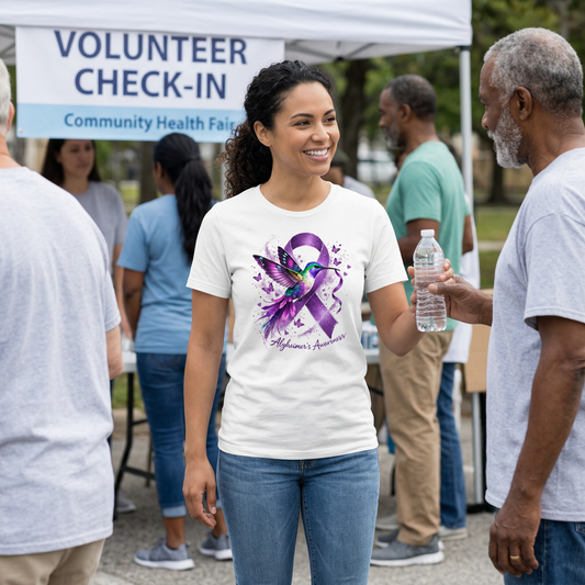 Alzheimer’s Awareness Shirt – Purple Ribbon Hummingbird Soft Cotton Blend T-Shirt