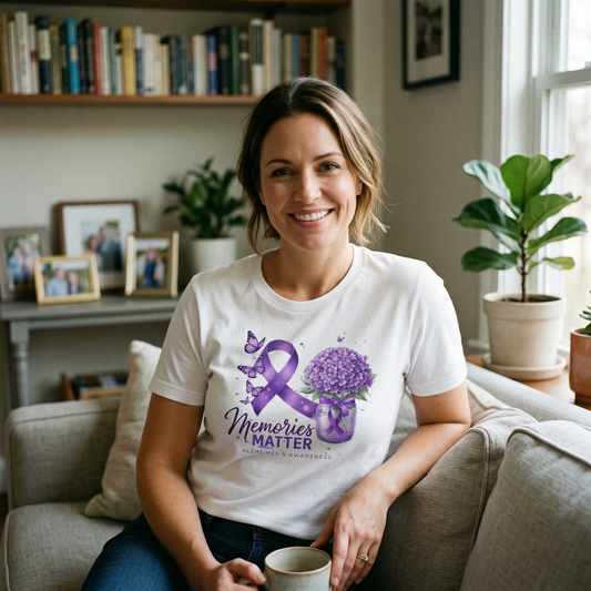 Alzheimer’s Awareness Shirt – Memories Matter Purple Ribbon Soft Cotton Blend Shirt