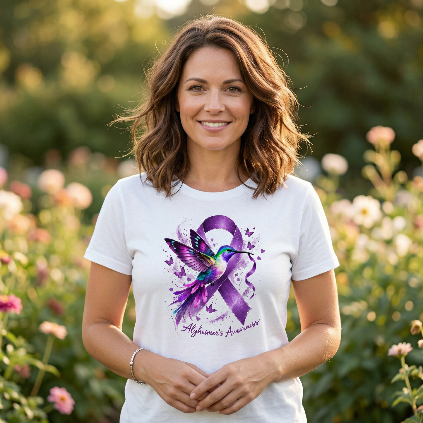 Alzheimer’s Awareness Shirt – Purple Ribbon Hummingbird Soft Cotton Blend T-Shirt