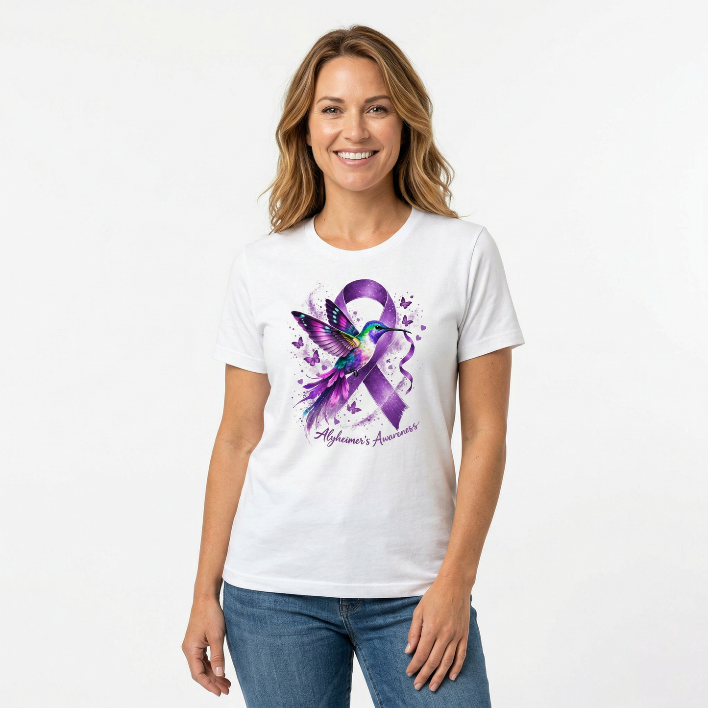 Alzheimer’s Awareness Shirt – Purple Ribbon Hummingbird Soft Cotton Blend T-Shirt