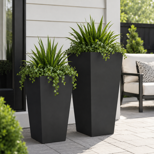 Large Outdoor Planers Set of 2 – Modern Tall Black Planter Pots for Patio, Porch & Garden