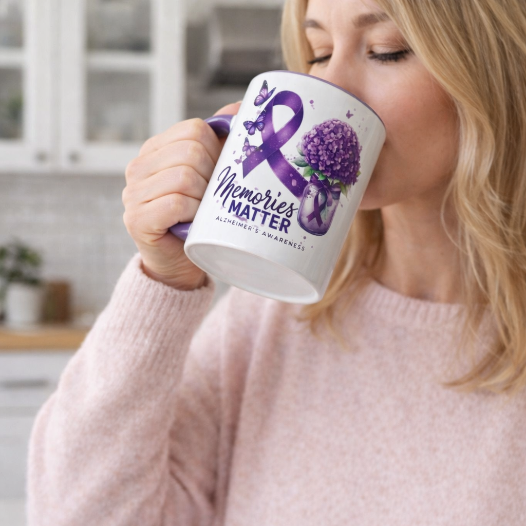 Alzheimer’s Awareness Mug 12oz – Memories Matter Coffee Cup – Purple Ribbon Gift