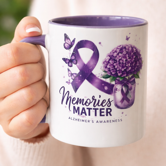 Alzheimer’s Awareness Mug 12oz – Memories Matter Coffee Cup – Purple Ribbon Gift