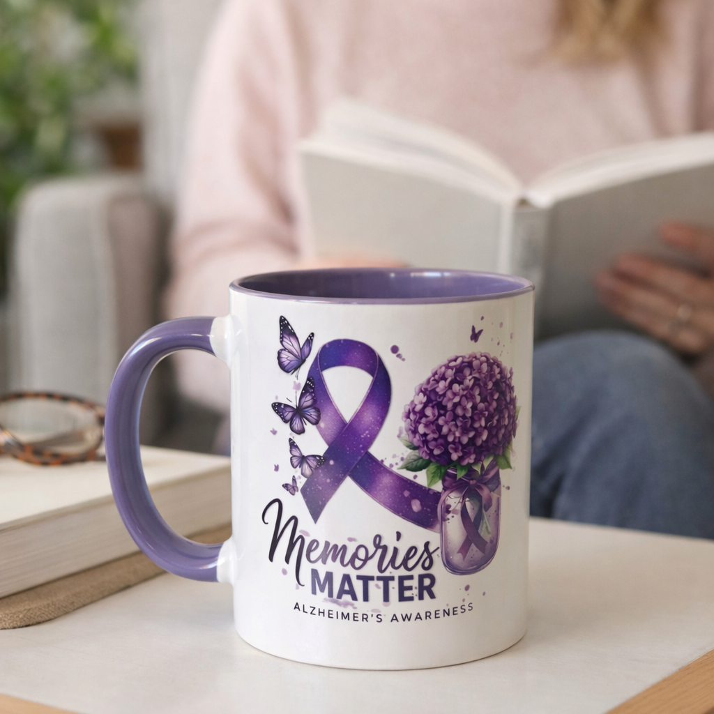 Alzheimer’s Awareness Mug 12oz – Memories Matter Coffee Cup – Purple Ribbon Gift