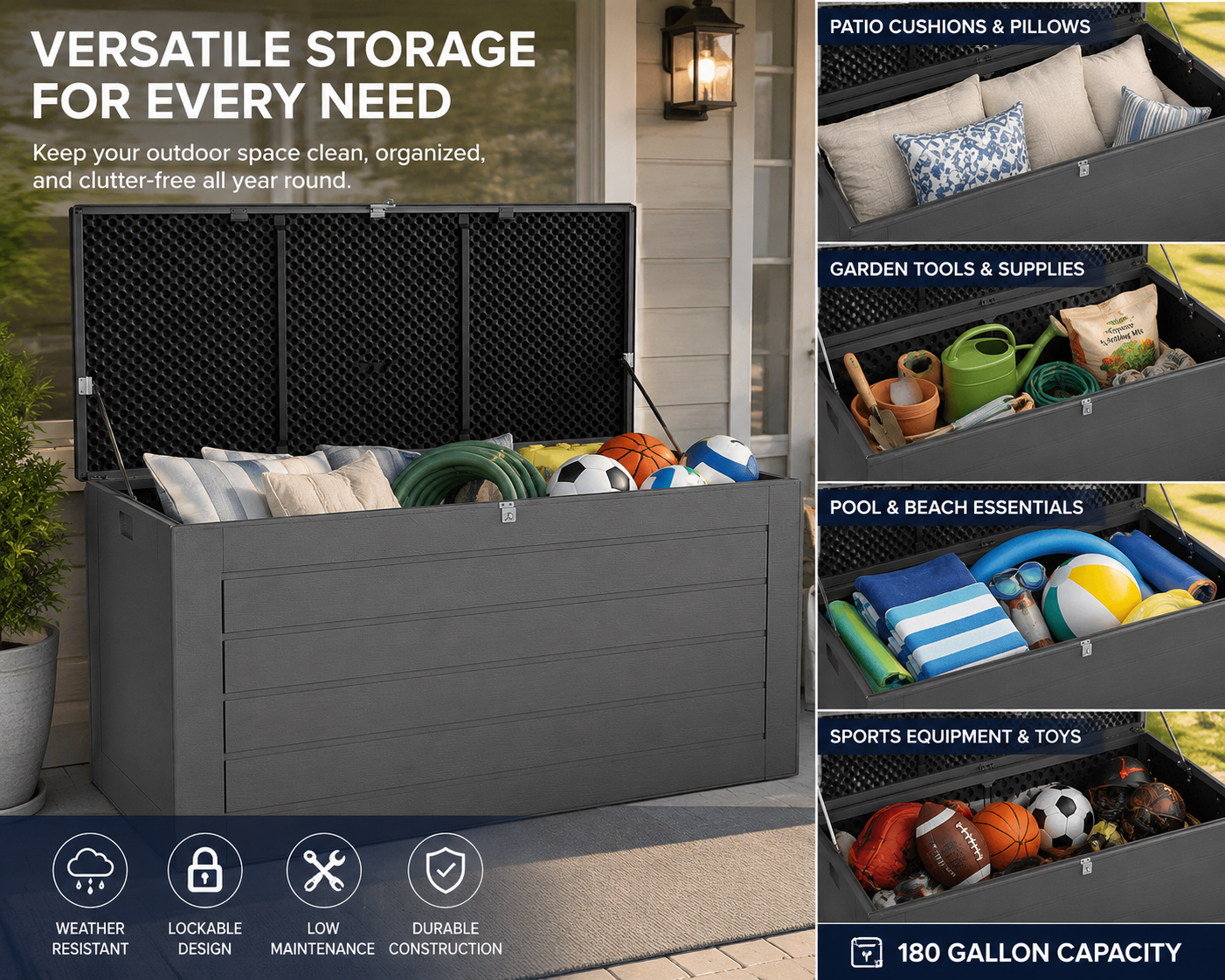 Outdoor Storage Box 180 Gallon – Large Waterproof Deck Box for Patio Furniture Cushions, Pool Supplies & Garden Tools
