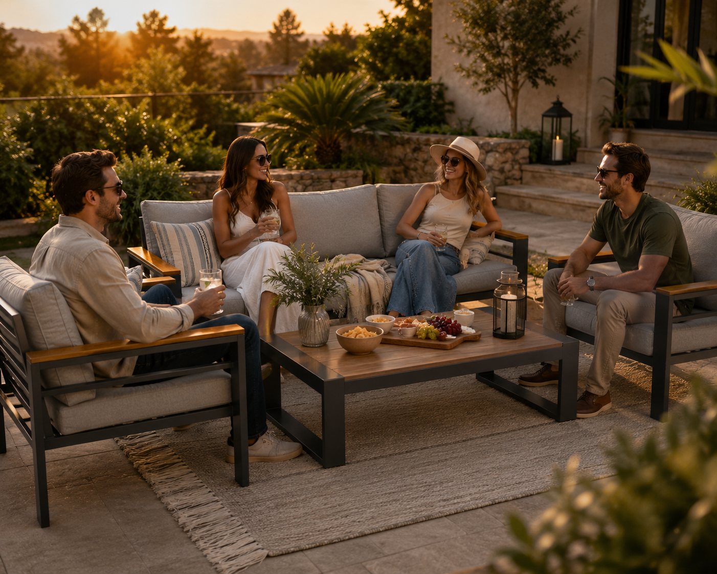 5 Piece Outdoor Patio Furniture Set – Modern Aluminum Conversation Set with Cushioned Sofa & Coffee Table