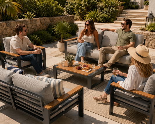 5 Piece Outdoor Patio Furniture Set – Modern Aluminum Conversation Set with Cushioned Sofa & Coffee Table