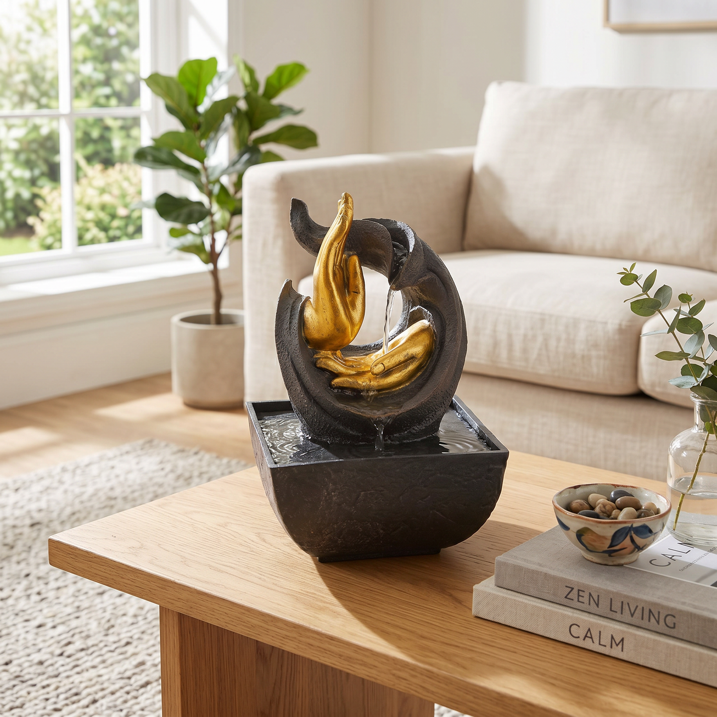 Tabletop Water Fountain – Indoor Zen Meditation Fountain with Golden Buddha Hands, Flowing Water & LED Light | Desktop Relaxation Décor, 8" Tall