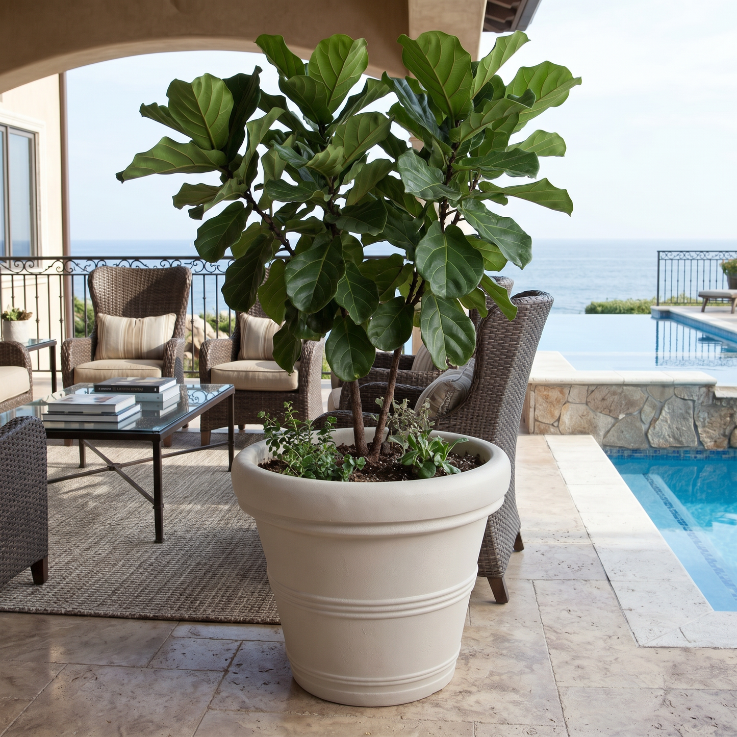Outdoor Concrete Planter 26 Inch Round Weathered Resin Patio Pot for Garden Plants or Small Trees