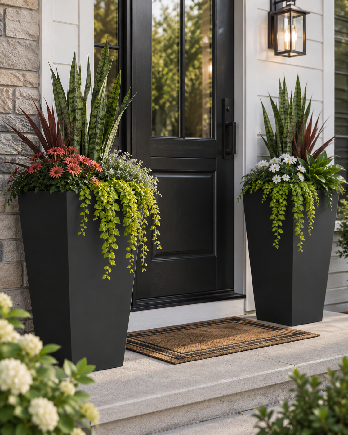 Large Outdoor Planers Set of 2 – Modern Tall Black Planter Pots for Patio, Porch & Garden